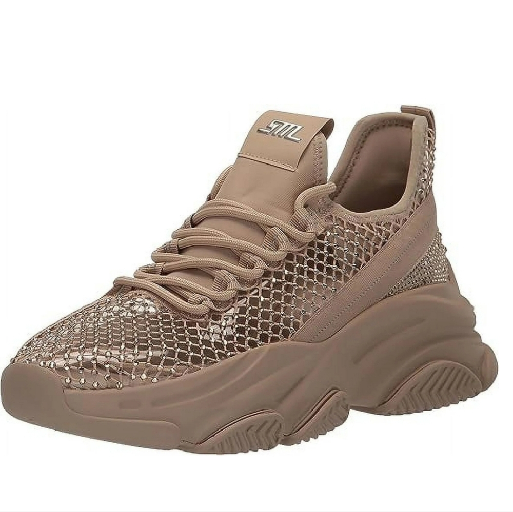 Steve Madden Phantom Tan Lace Stretchy Embellished Sneakers, Women's Size 10 US